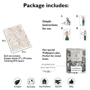 Carta da Parati Bosco Tropicale Beige Carta Vegana 250x200cm 5,5mq 