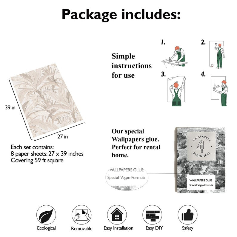 Carta da Parati Bosco Tropicale Beige Carta Vegana 250x200cm 5,5mq 