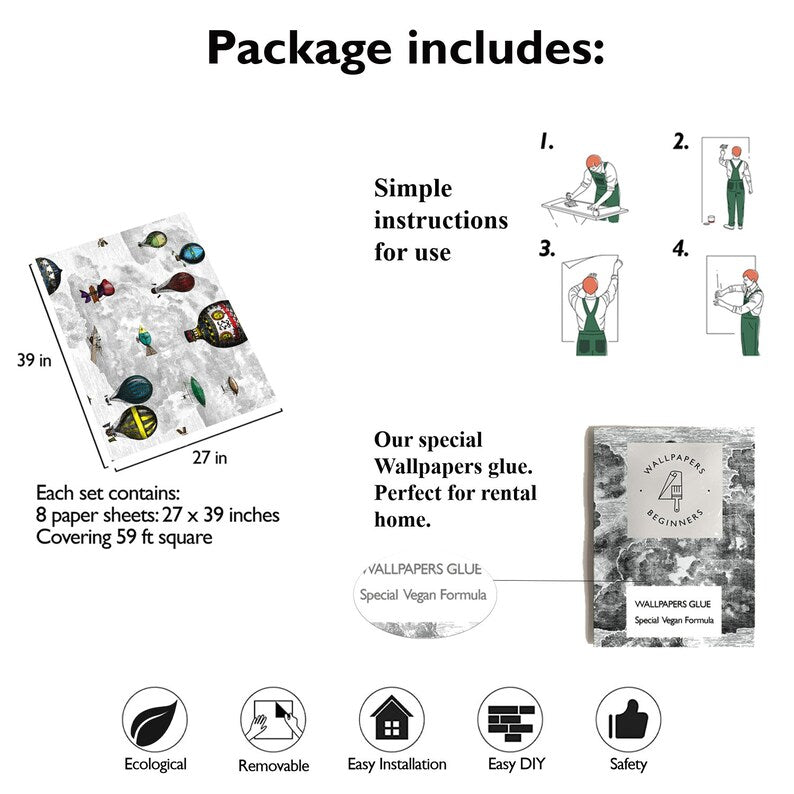 Carta da Parati Mongolfiere Carta Vegana 250x200cm 5,5mq 