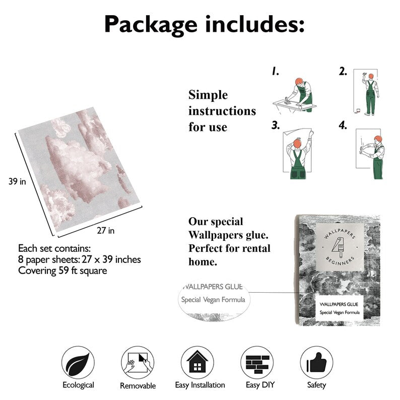 Carta da Parati Nuvole Rosa Carta Vegana 250x200cm 5,5mq 