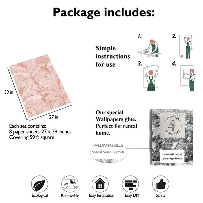 Carta da Parati Jungla Tropicale Rosa Carta Vegana 250x200cm 5,5mq 
