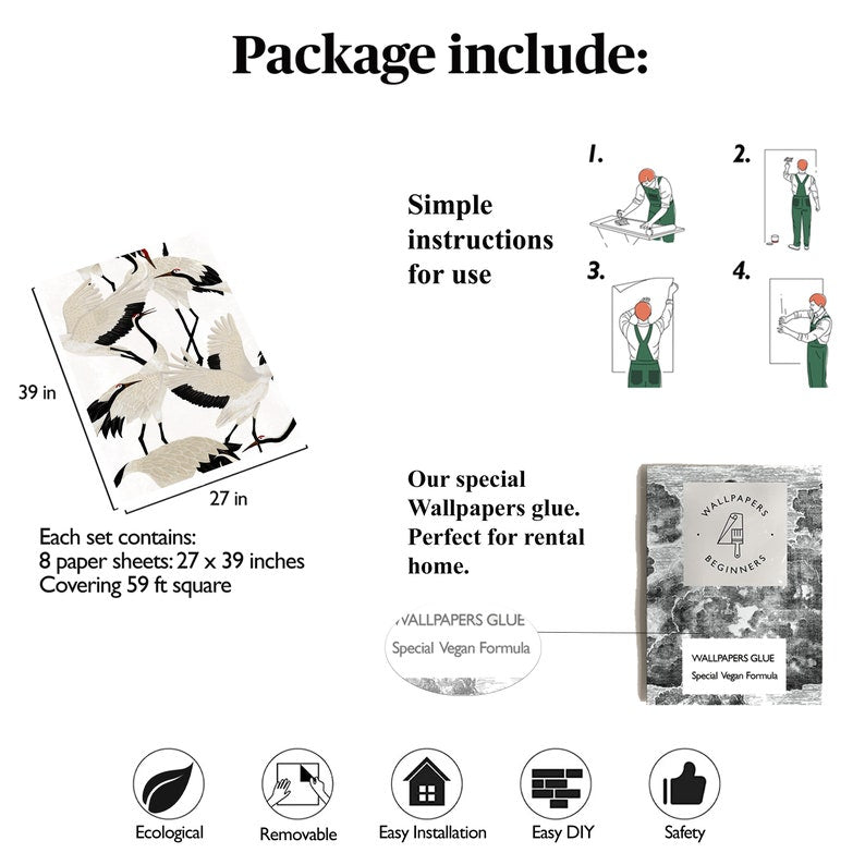 Carta da Parati Aironi Bianch Carta Vegana 250x200cm 5,5mq 