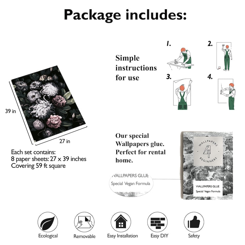 Carta da Parati Floreale Scura Carta Vegana 250x200cm 5,5mq 