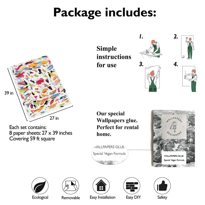 Carta da Parati Pennellate Astratta Carta Vegana 250x200cm 5,5mq 