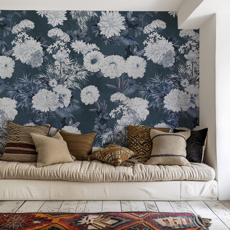 Carta da Parati Floreale Blu Navy 180x260cm 4 mq