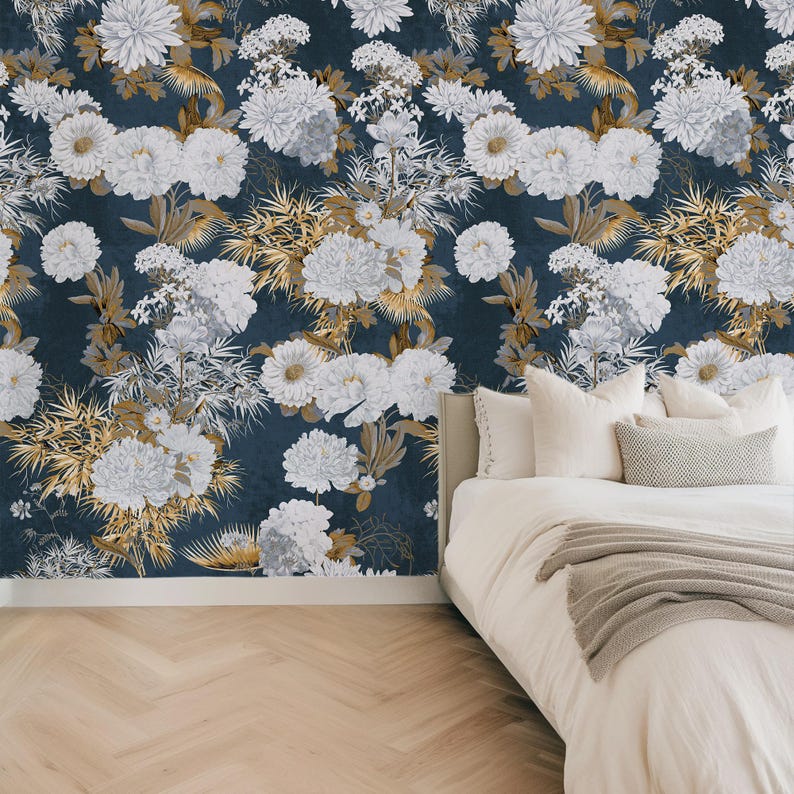 Carta da Parati Floreale Blu e Oro 180x260cm 4 mq