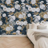 Carta da Parati Floreale Blu e Oro 180x260cm 4 mq