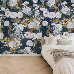 Carta da Parati Floreale Blu e Oro 180x260cm 4 mq