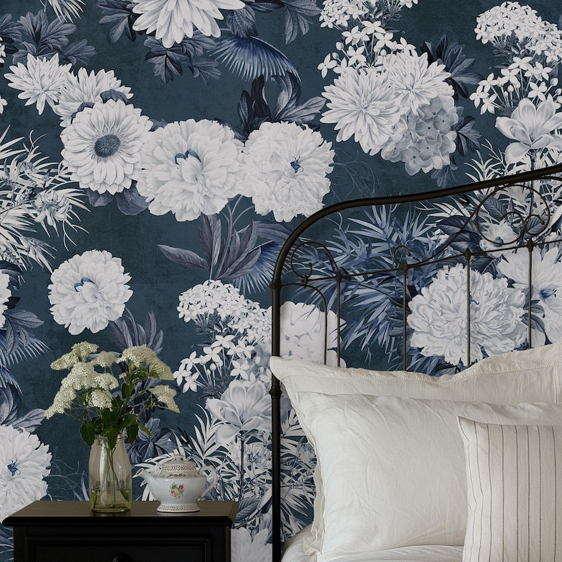 Carta da Parati Floreale Blu Navy 180x260cm 4 mq