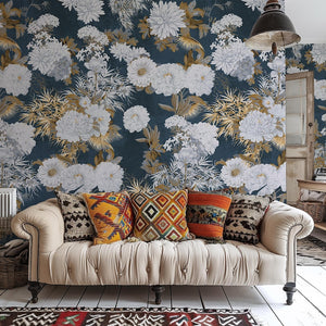 Carta da Parati Floreale Blu e Oro 180x260cm 4 mq