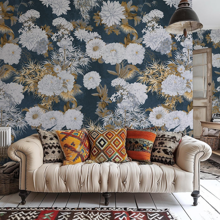 Carta da Parati Floreale Blu e Oro 180x260cm 4 mq