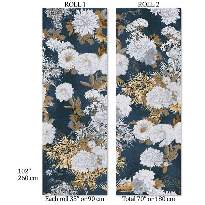 Carta da Parati Floreale Blu e Oro 180x260cm 4 mq