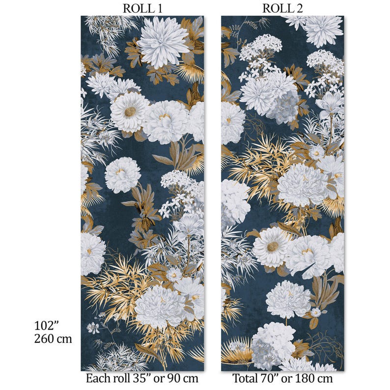 Carta da Parati Floreale Blu e Oro 180x260cm 4 mq