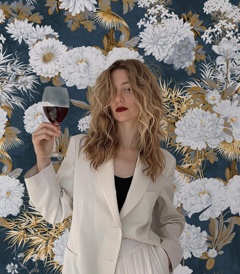 Carta da Parati Floreale Blu e Oro 180x260cm 4 mq