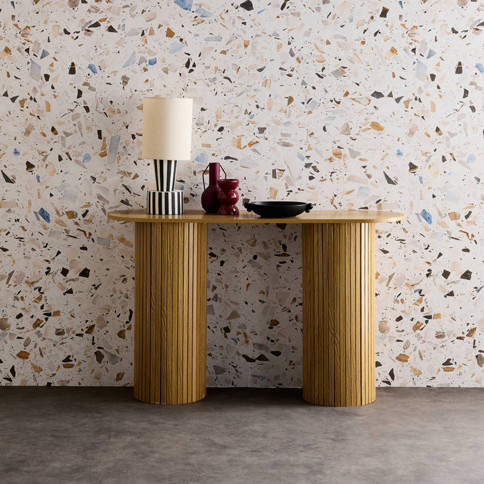 Consolle ovale scandinava con effetto legno scanalato, marrone