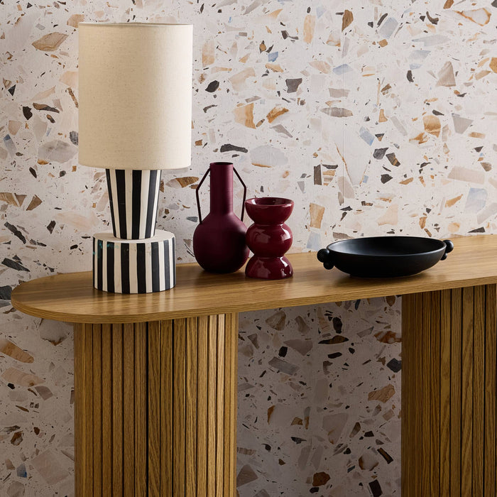 Consolle ovale scandinava con effetto legno scanalato, marrone