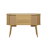 Scrivania ovale con effetto legno scanalato e due vani portaoggetti,