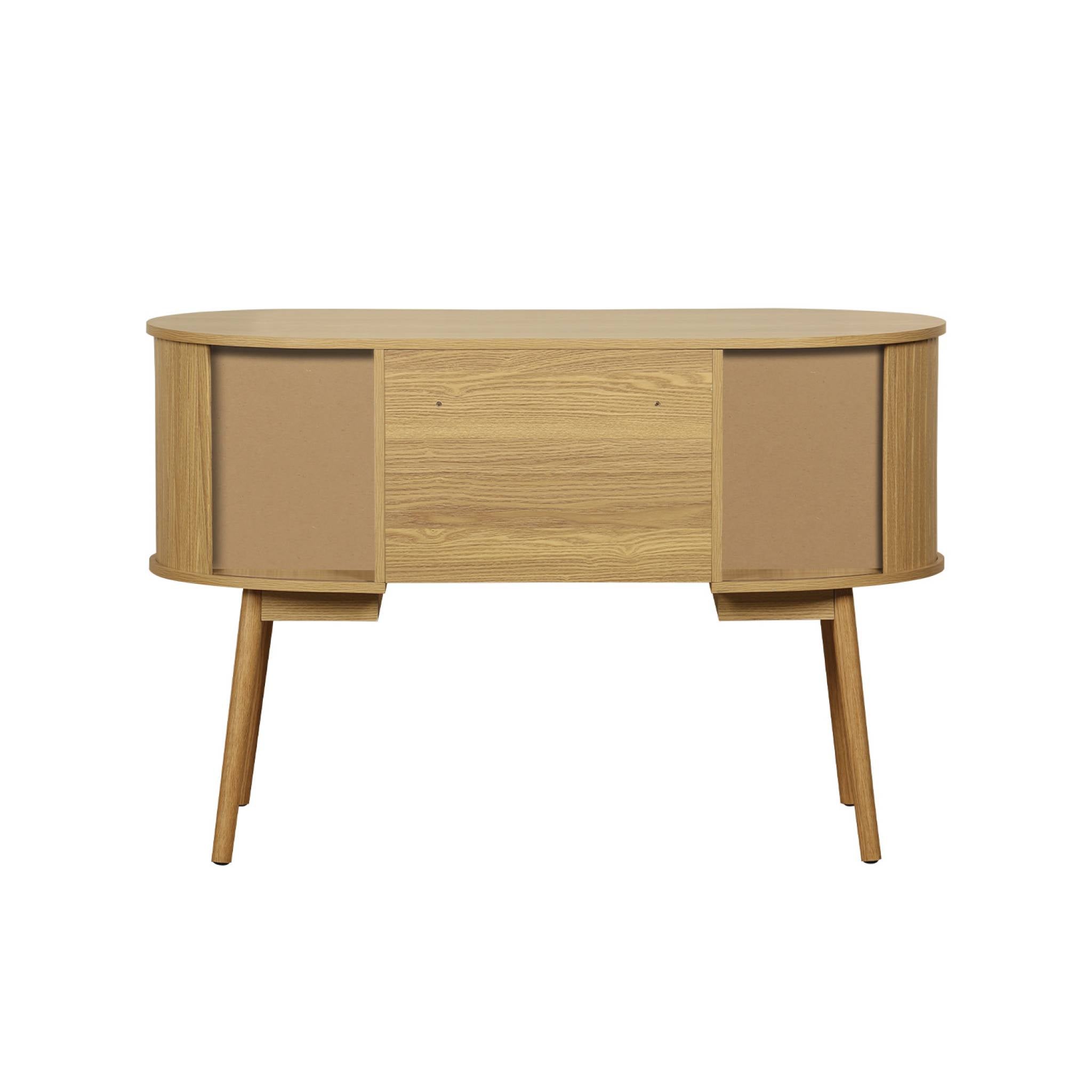 Scrivania ovale con effetto legno scanalato e due vani portaoggetti,