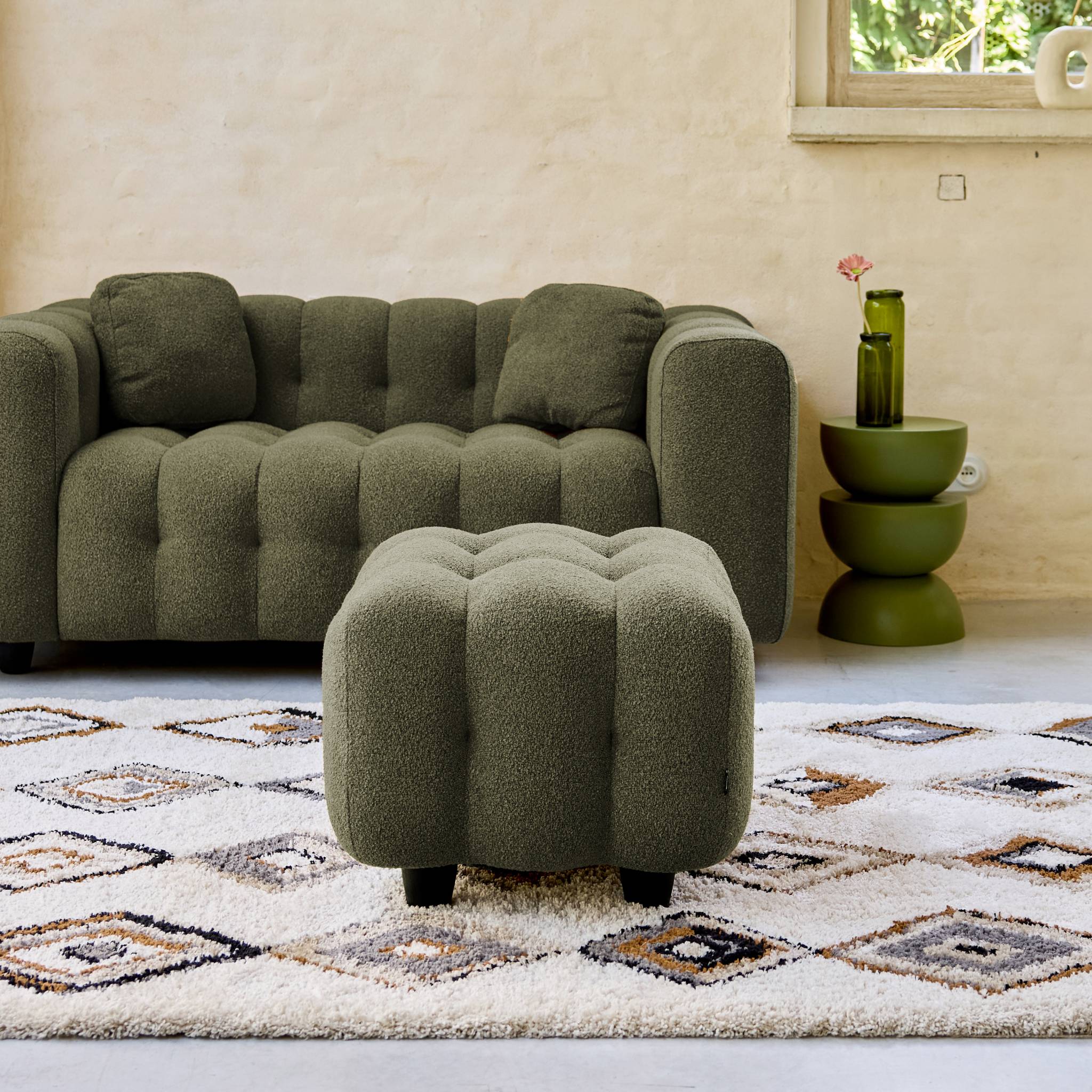 Pouf, poggiapiedi bouclé strutturata per divano a 2 posti, verde kaki