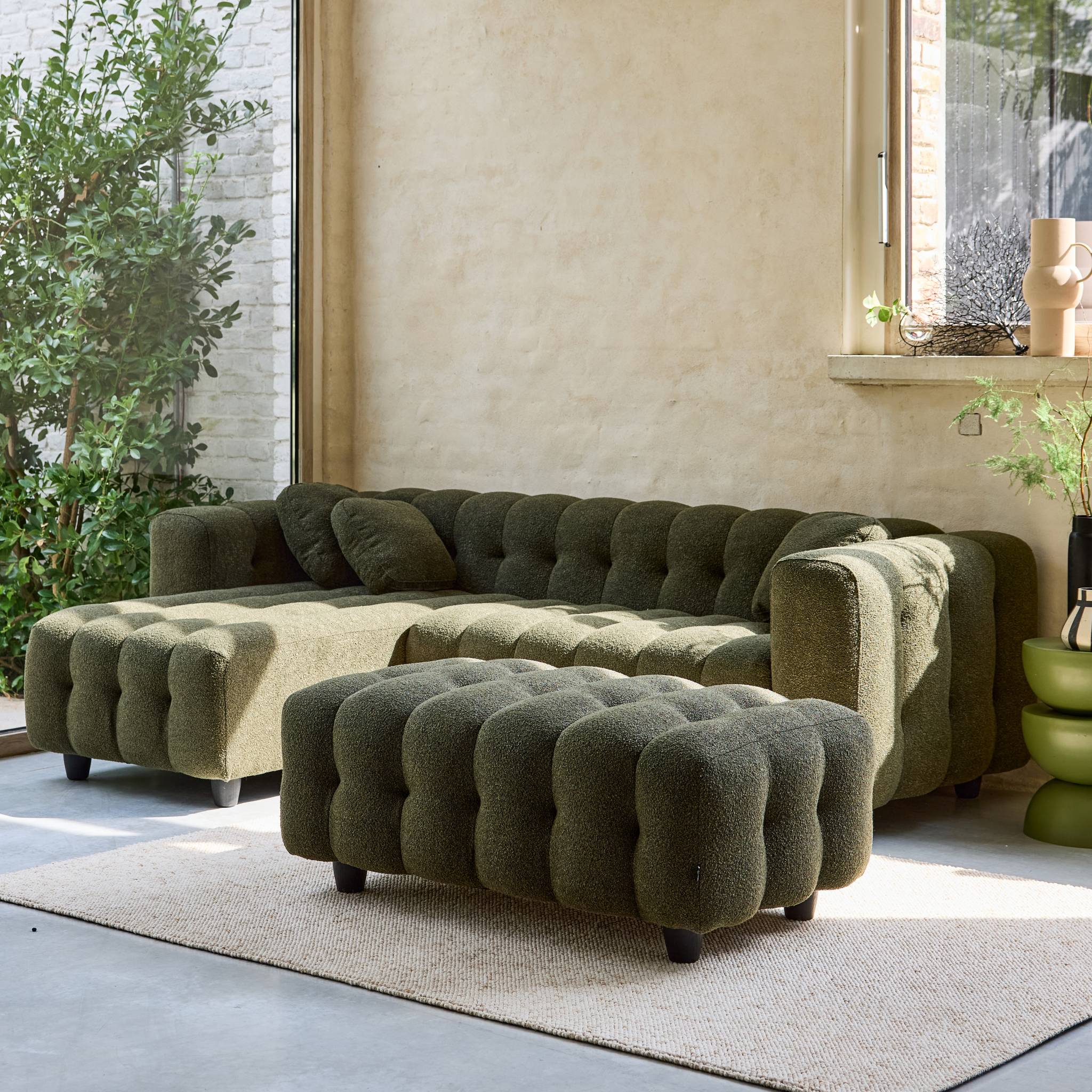 Pouf, poggiapiedi per divano 3 posti leon bouclé testurizzato, verde