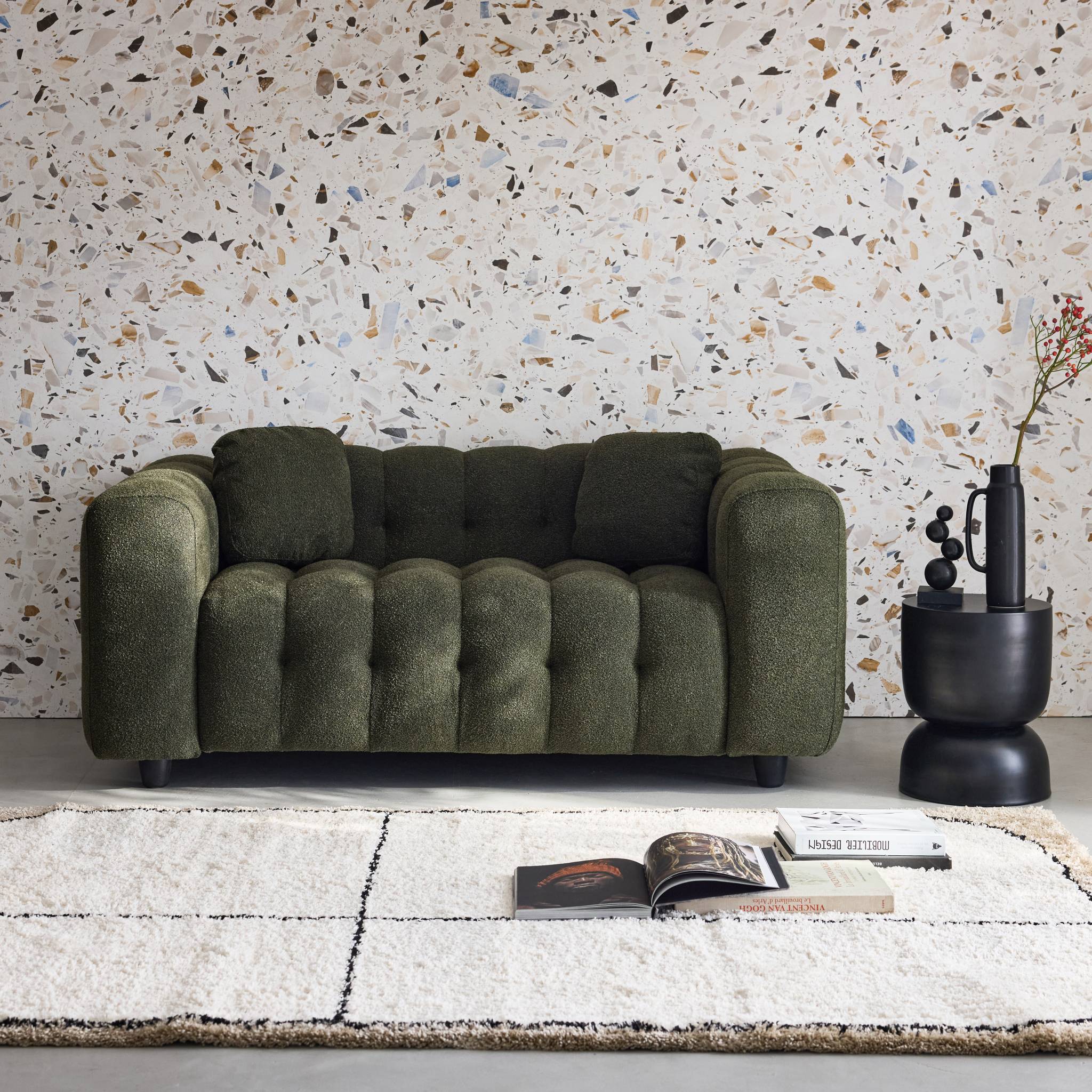 Divano a 2 posti, rivestito in tessuto bouclé testurizzato, kaki