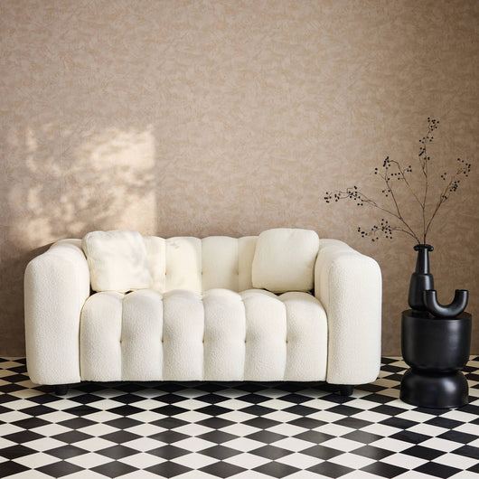 Divano a 2 posti, rivestito in tessuto bouclé testurizzato, bianco