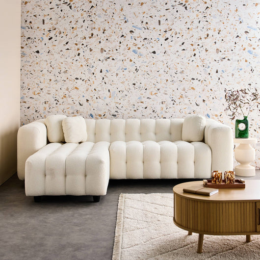 Divano angolare reversibile, in tessuto bouclé testurizzato, bianco