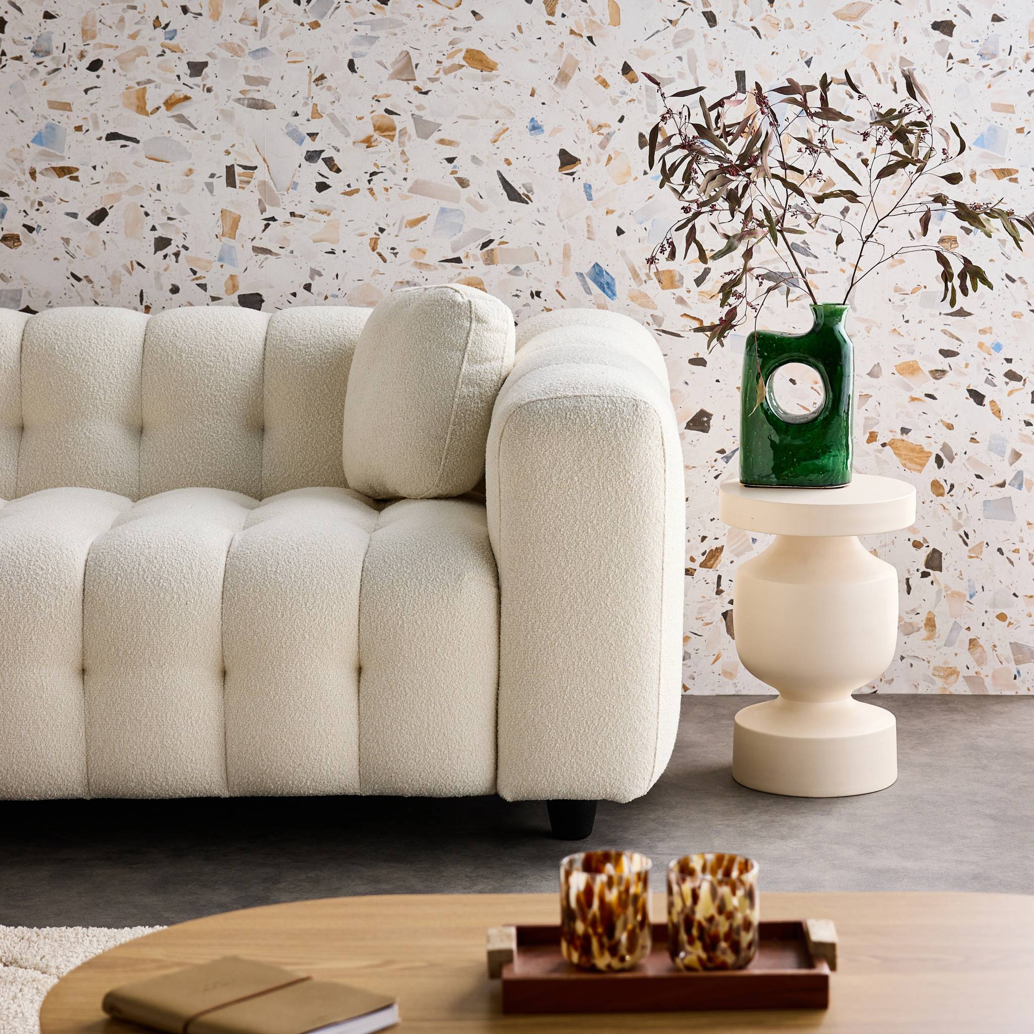 Divano angolare reversibile, in tessuto bouclé testurizzato, bianco