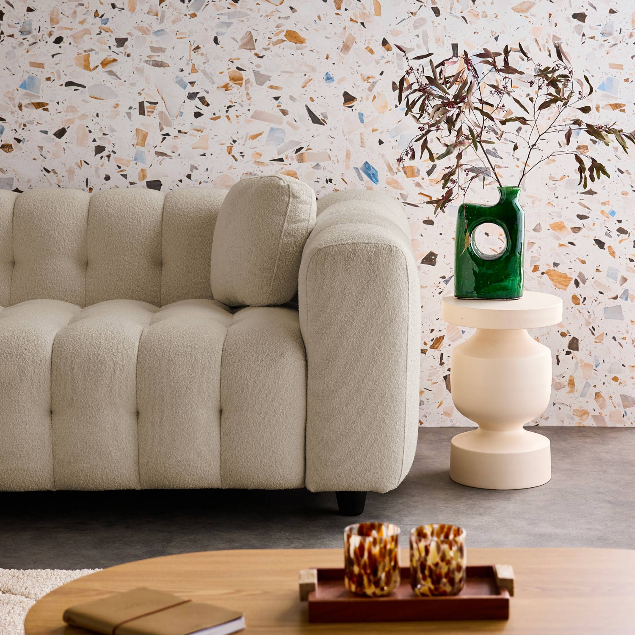 Divano angolare reversibile, in tessuto bouclé testurizzato, beige