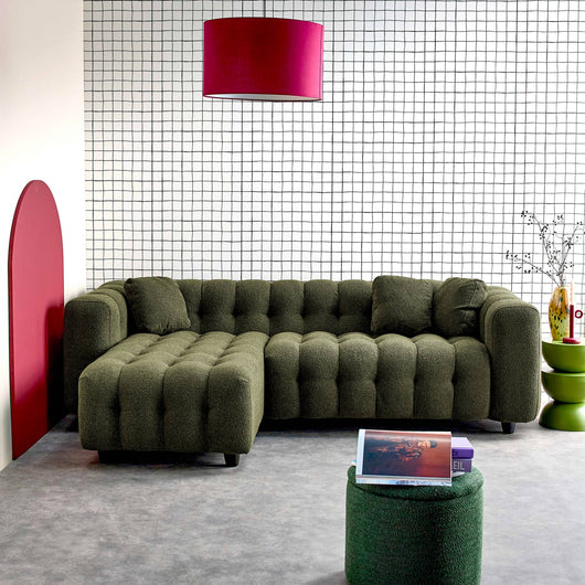 Divano angolare reversibile, in tessuto bouclé testurizzato, kaki