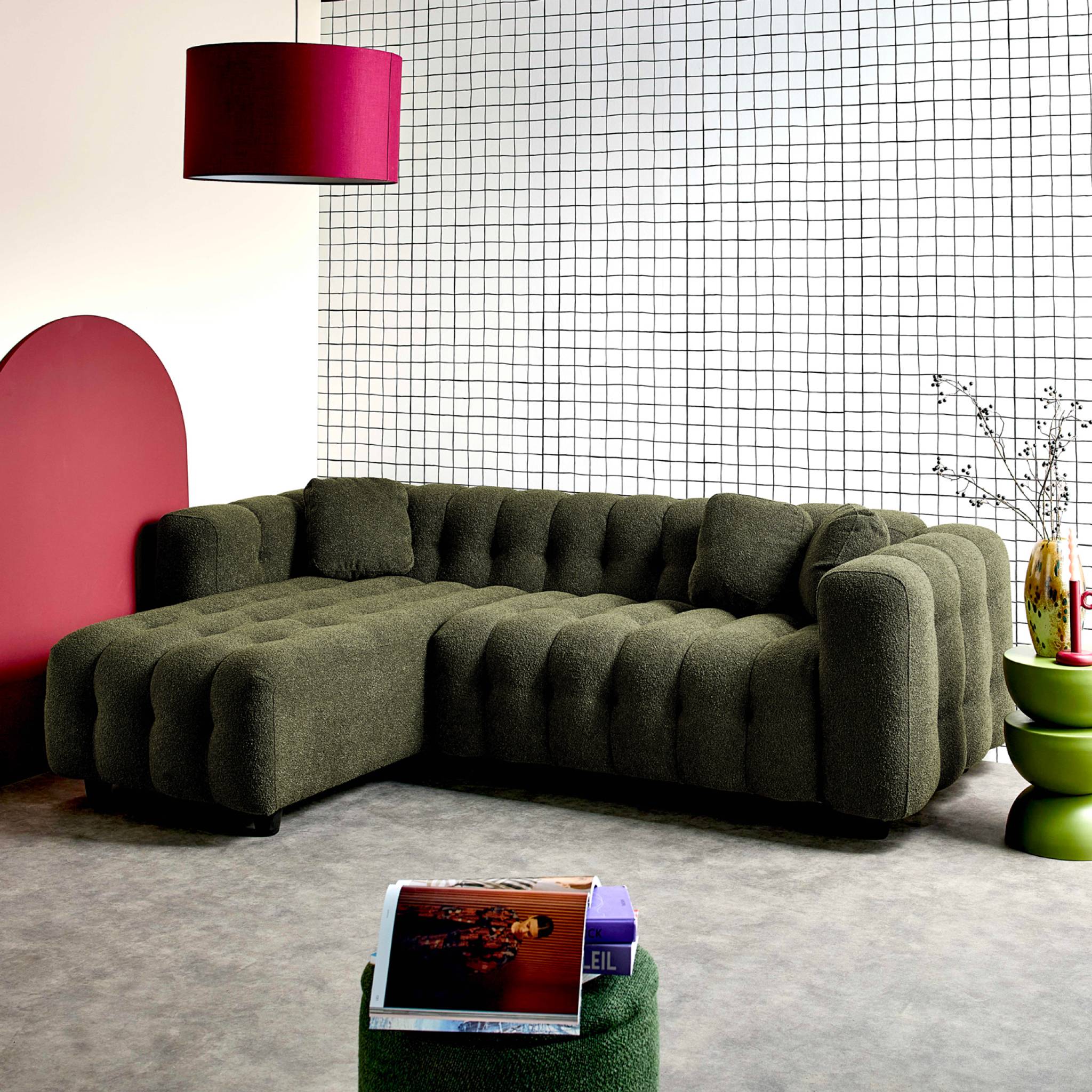 Divano angolare reversibile, in tessuto bouclé testurizzato, kaki