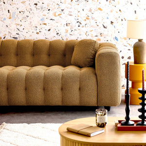 Divano angolare reversibile, in tessuto bouclé testurizzato, mostarda