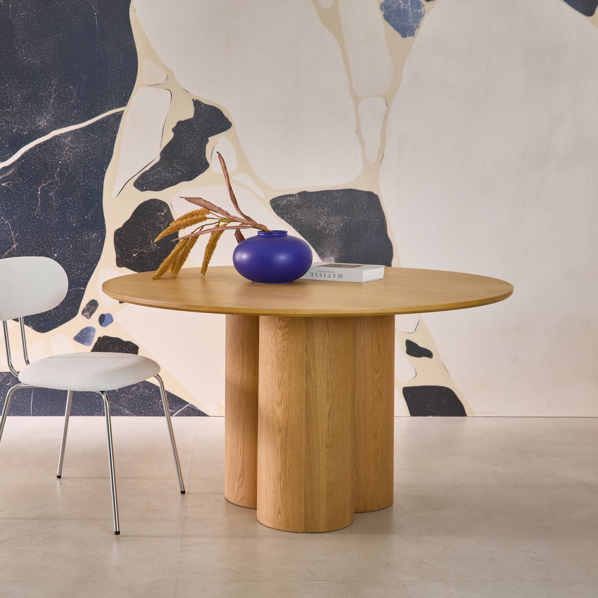 Tavolo da pranzo rotondo in legno di hevea e impiallacciatura di