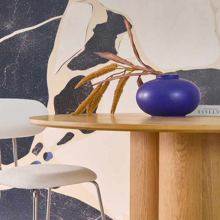 Tavolo da pranzo rotondo in legno di hevea e impiallacciatura di