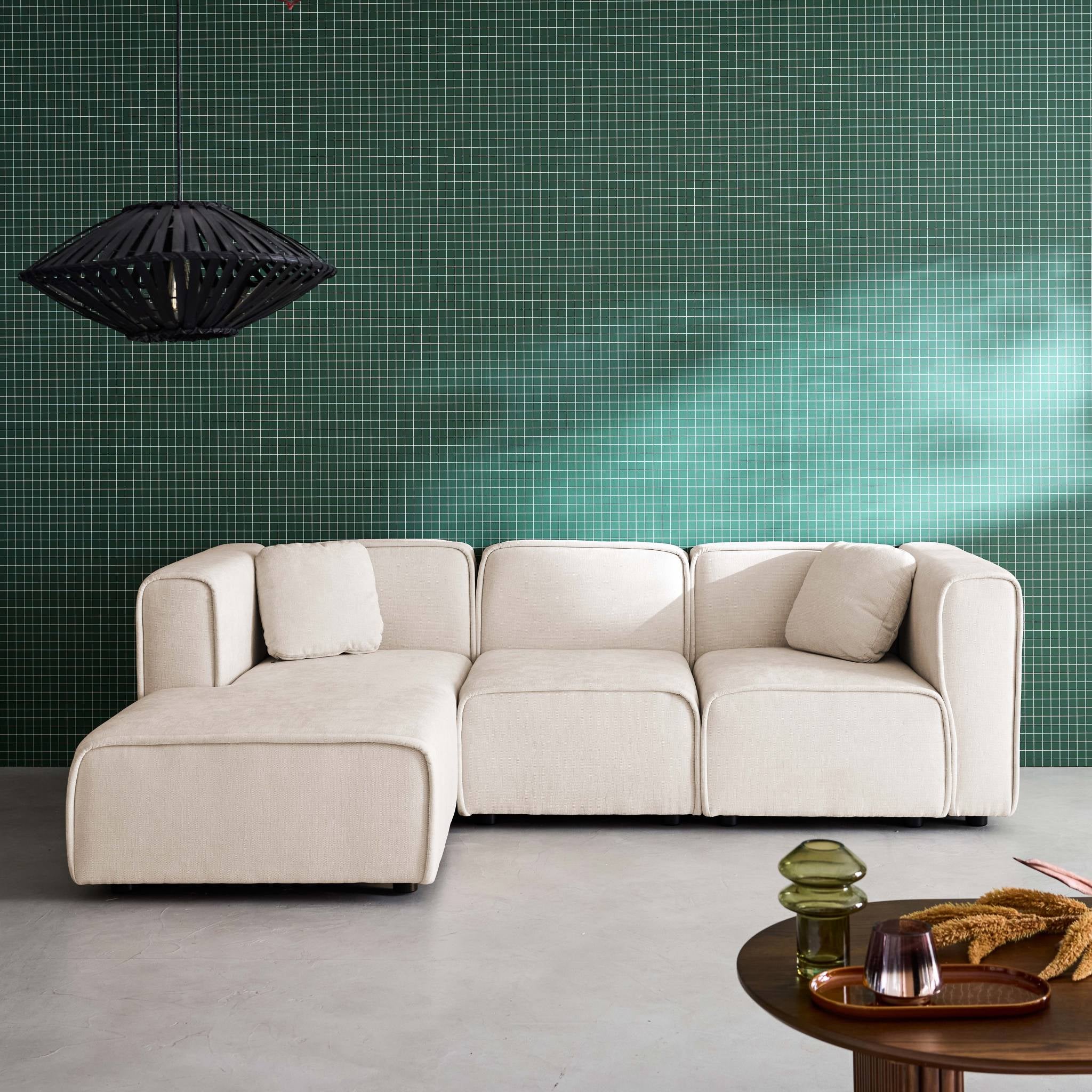 Divano angolare sinistro 3 posti tessuto, beige