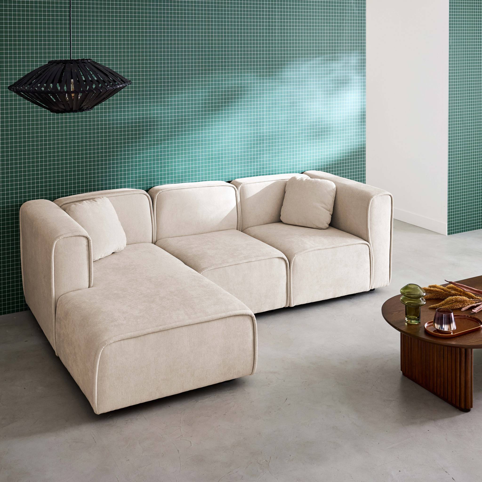 Divano angolare sinistro 3 posti tessuto, beige