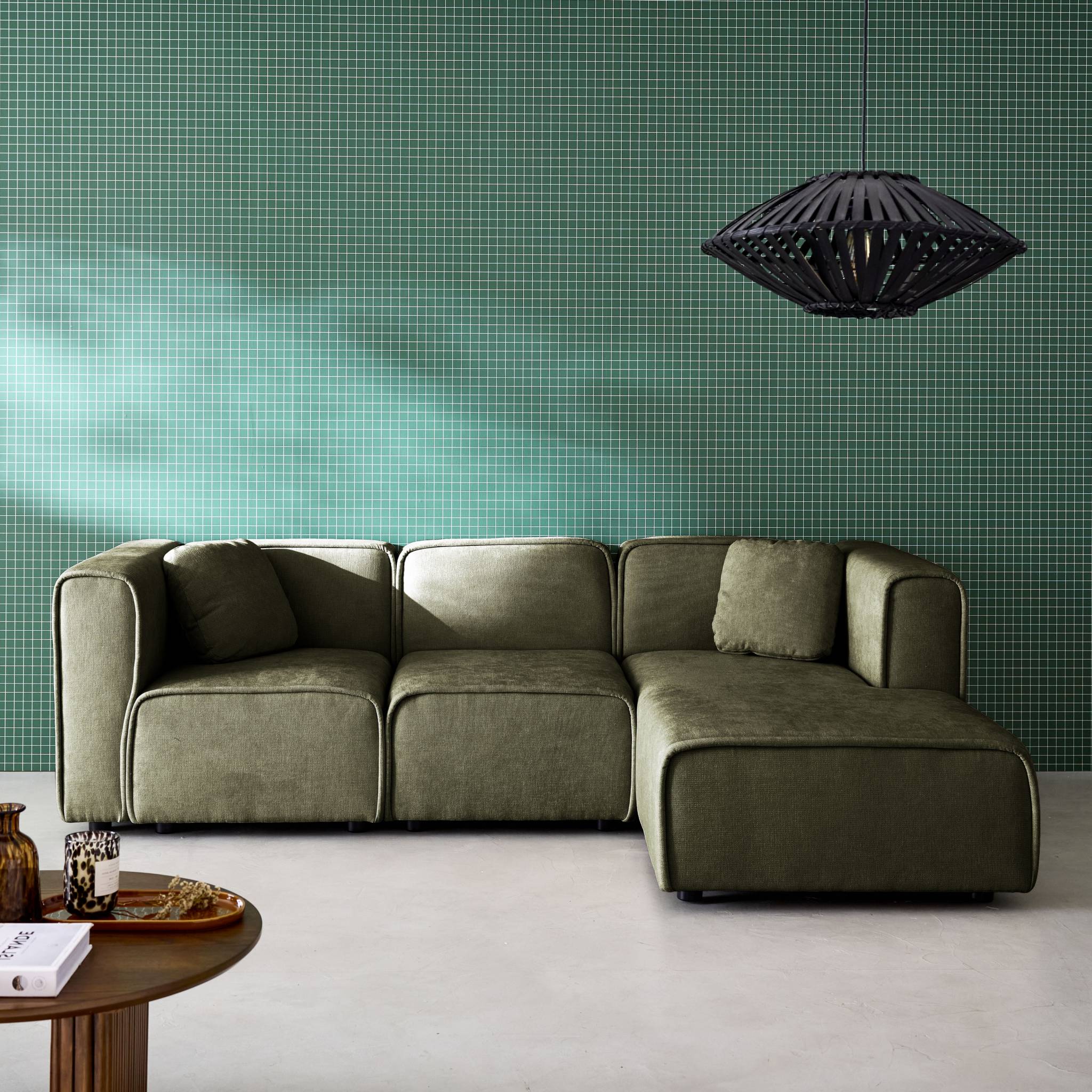 Divano angolare destro 3 posti tessuto , verde kaki