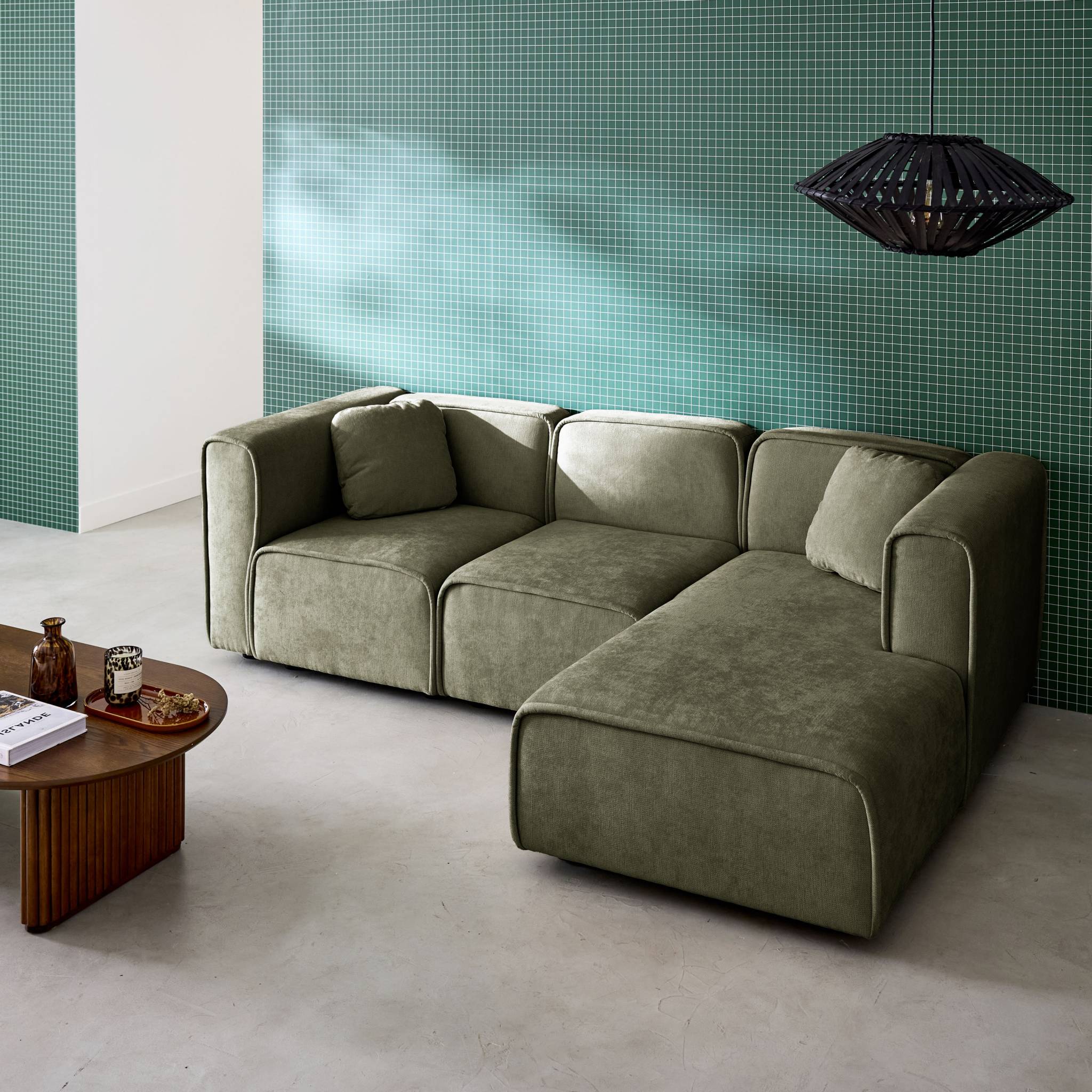Divano angolare destro 3 posti tessuto , verde kaki