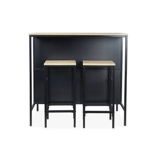 Tavolo alto in legno e metallo, 2 ripiani, 2 sgabelli, marrone