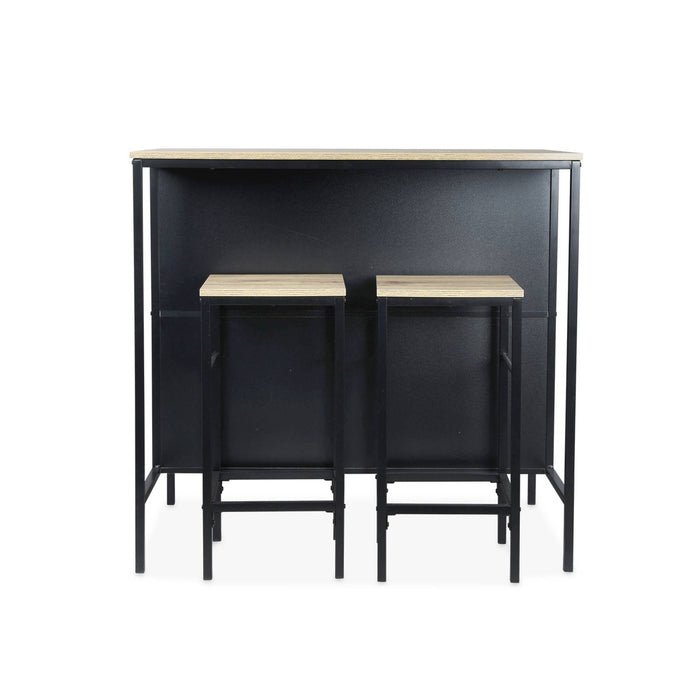 Tavolo alto in legno e metallo, 2 ripiani, 2 sgabelli, marrone