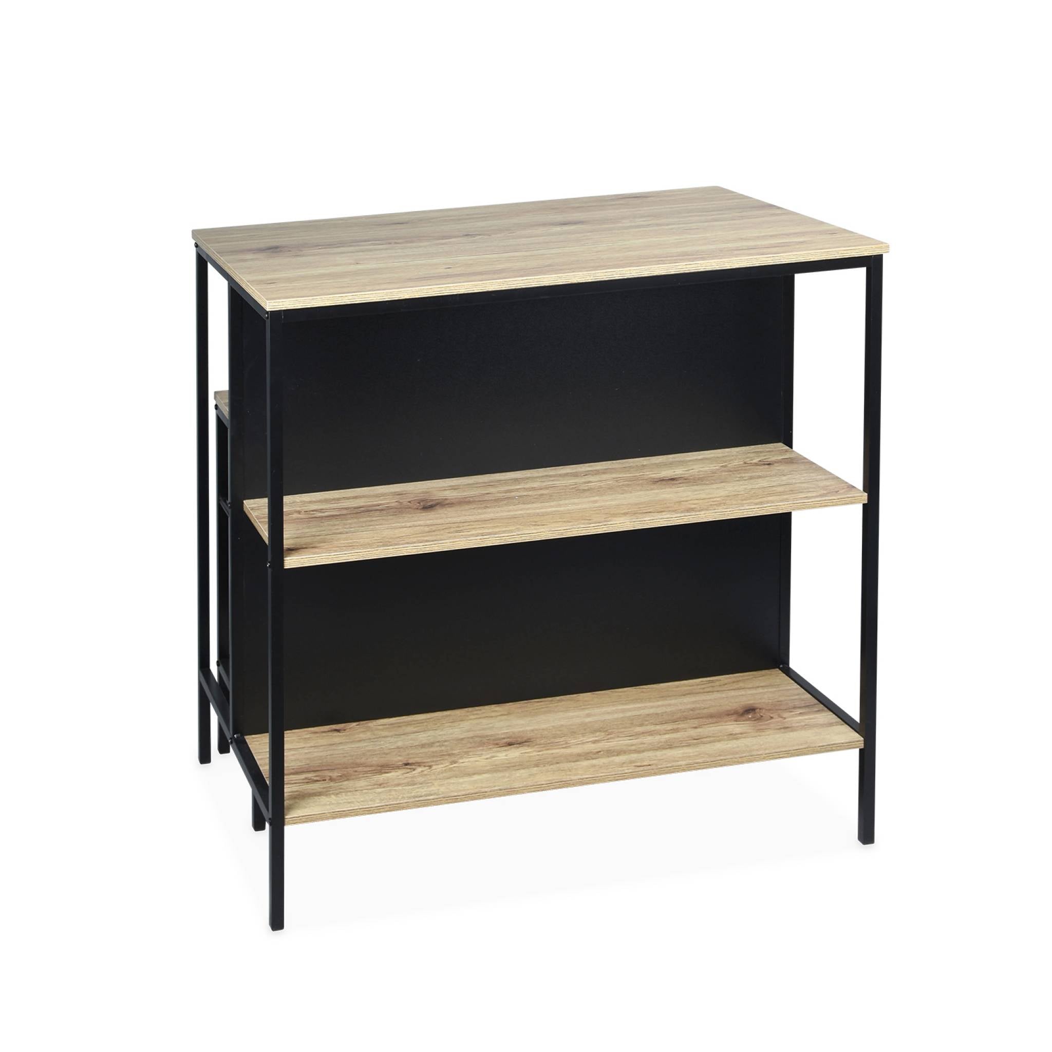 Tavolo alto in legno e metallo, 2 ripiani, 2 sgabelli, marrone