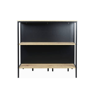 Tavolo alto in legno e metallo, 2 ripiani, 2 sgabelli, marrone