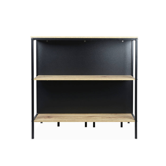 Tavolo alto in legno e metallo, 2 ripiani, 2 sgabelli, marrone