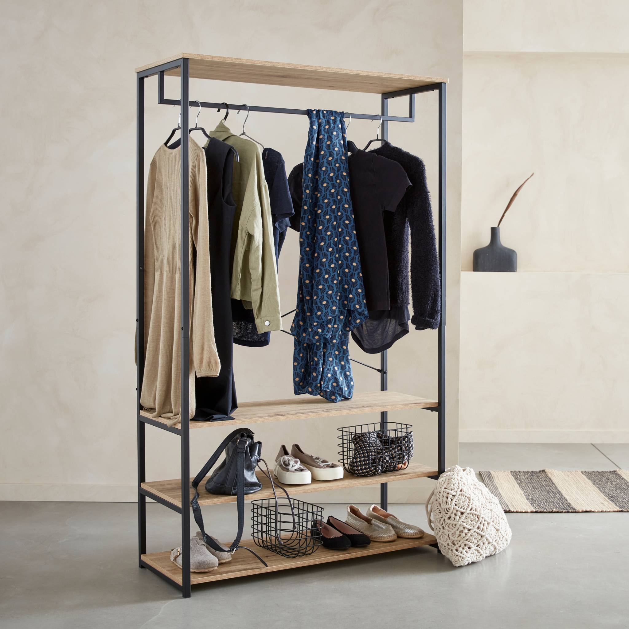 Mobile d'ingresso in metallo e legno, 3 livelli, barra di sospensione,