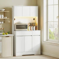 Mobile Buffet Cucina Alto con Luce LED RGB, Piano di Lavoro, 6 Porte, 2 Cassetti, Bianco