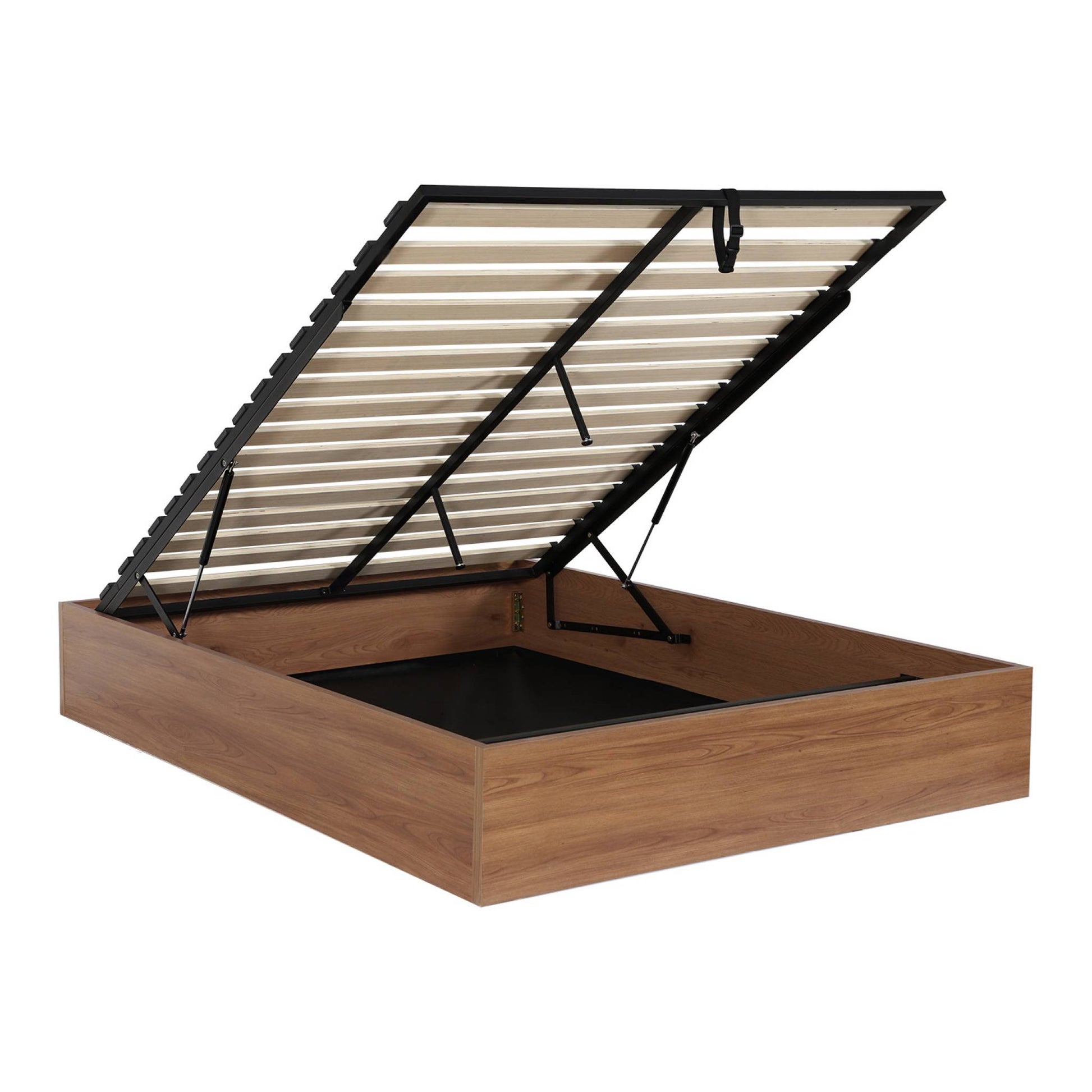 Letto contenitore con rete a doghe 140x190cm decorazione legno, noce