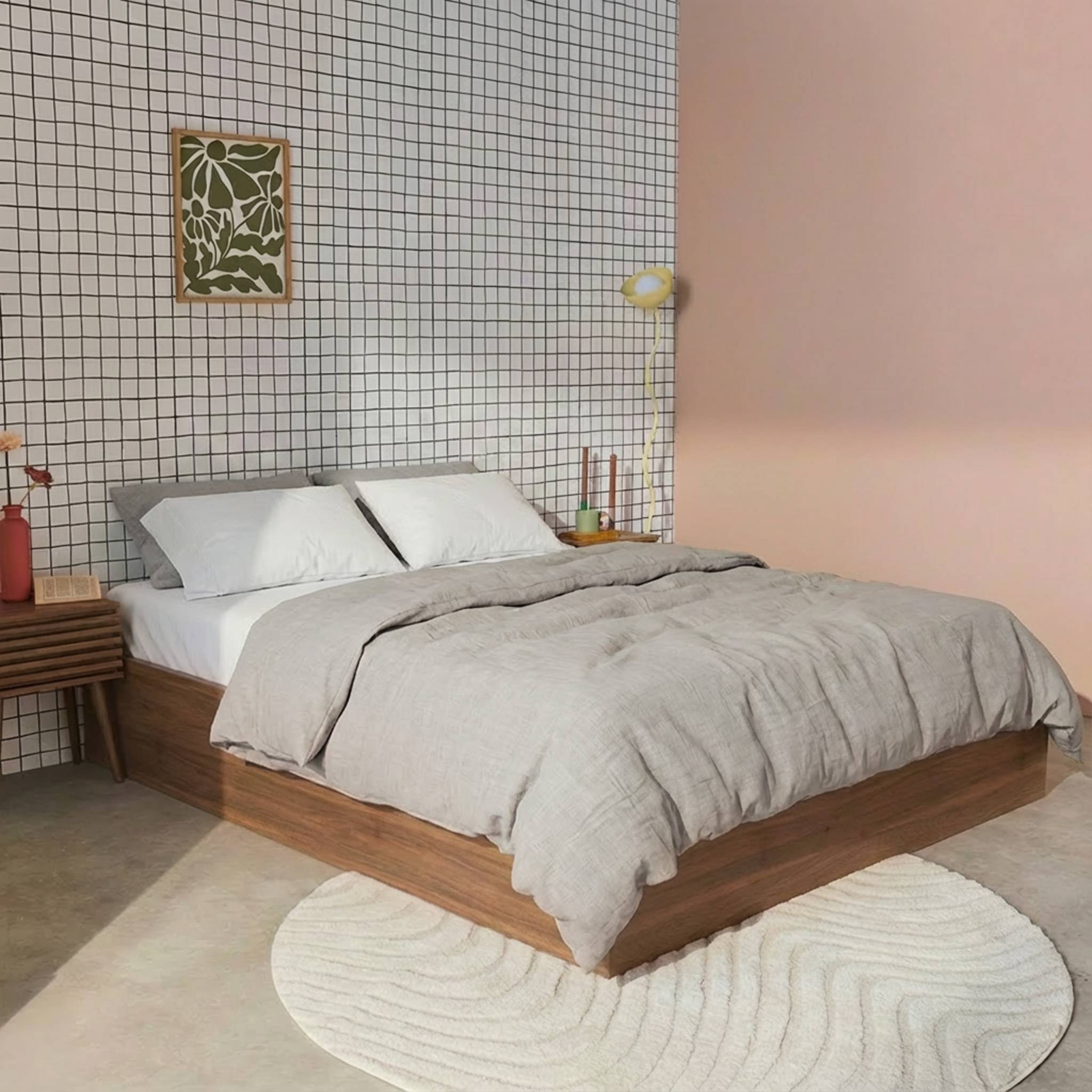 Letto contenitore con rete a doghe 140x190cm decorazione legno, noce