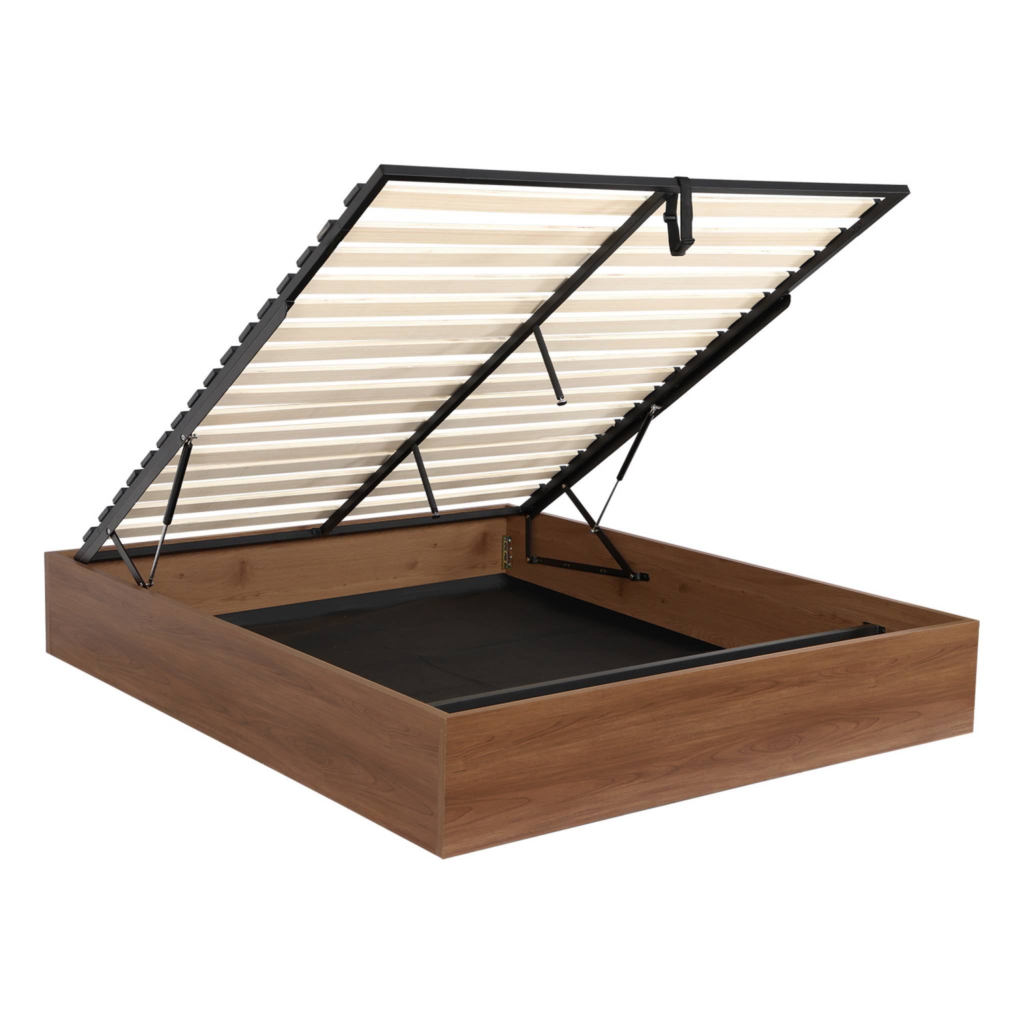 Letto contenitore con rete a doghe 160x200cm decorazione legno, noce