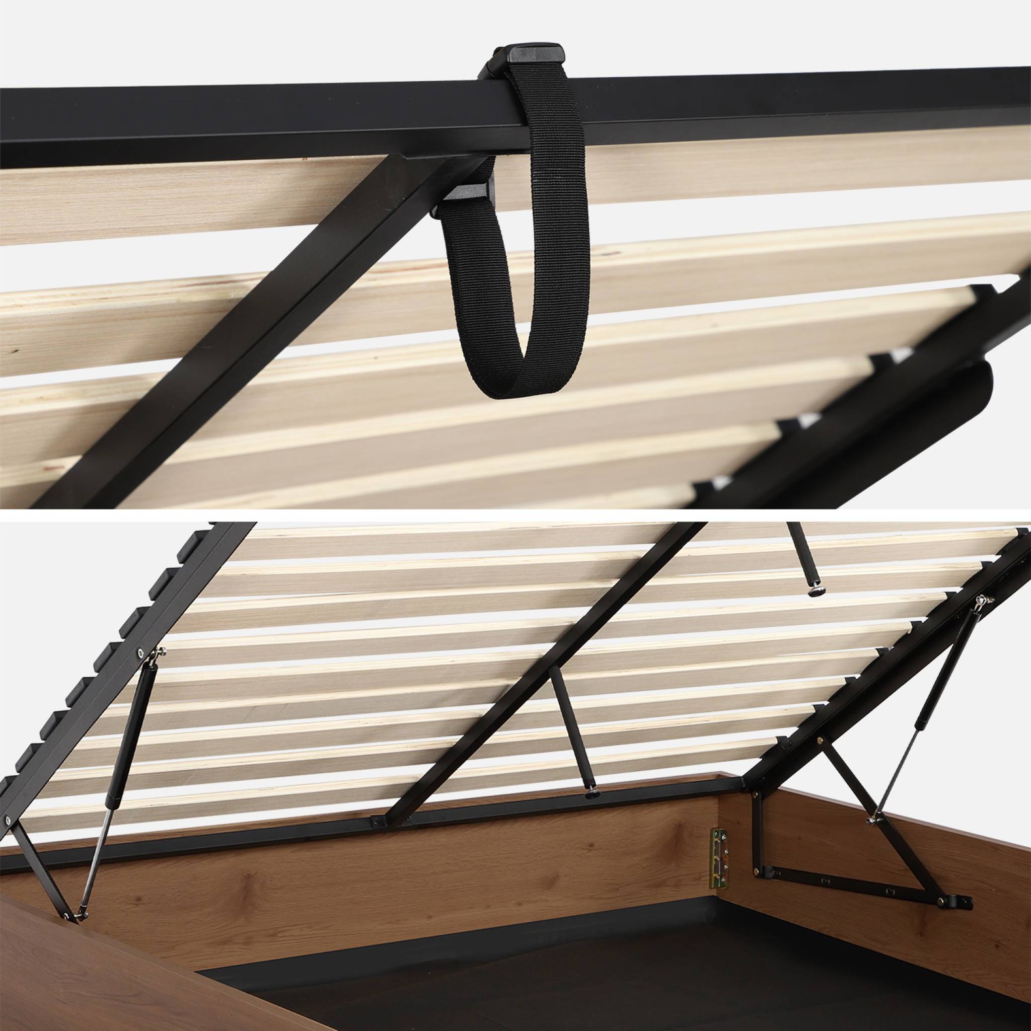 Letto contenitore con rete a doghe 160x200cm decorazione legno, noce