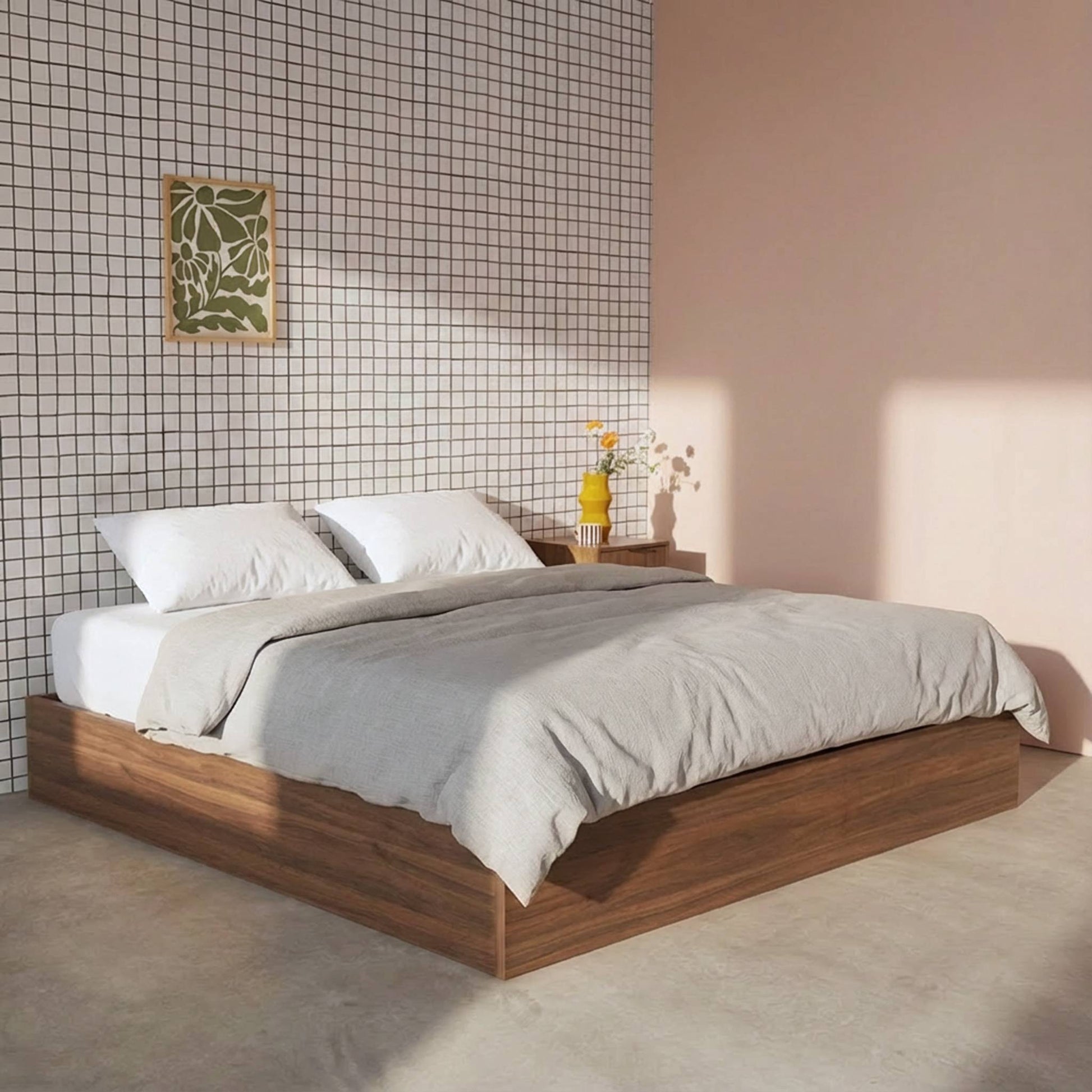 Letto contenitore con rete a doghe 160x200cm decorazione legno, noce